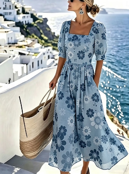 Women's Midi Dress Casual Dress A Line Dress Elegant Vacation Stylish Beach  Holiday Regular Fit Floral Graphic Half Sleeve Square Neck Blue Yellow  Green Summer Spring 2026 - $49.99