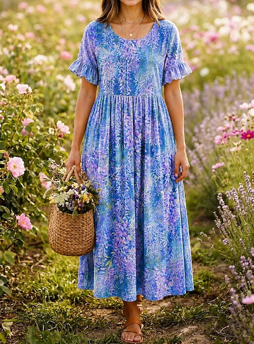 summer holiday midi dresses Women's Drifting With The Wind Blue Tropical Print Midi Dress | Size: M main image 0