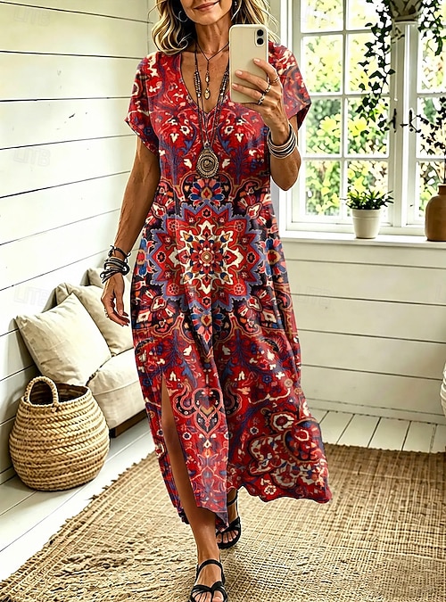 loose fitting midi dresses Women's Short Sleeve Loose Fitting Midi Dress