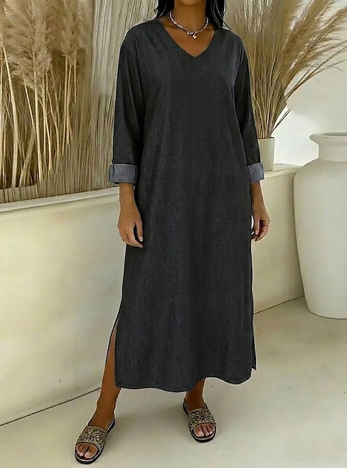 inc denim maxi dress MAXI TIERED DENIM DRESS
