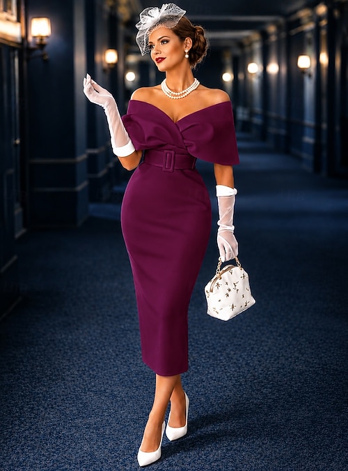 sheath cocktail dress Column Tea Length Dresses Party Dresses Elegant Party Bodycon Sleeveless Off Shoulder Wedding Guest Party Wear Stretch Fabric with Sash / Ribbon 2026 Natural 7 Amaris Black Midi Sheath Dress