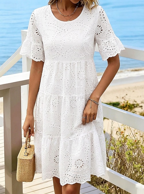 Women's Knee Length Dress White Dress Summer Dress Eyelet Dress Fashion  Modern Beach Vacation Holiday Regular Fit Floral Short Sleeve Crew Neck  White Pink Sky Blue Orange Summer Spring 2026 - $29.99