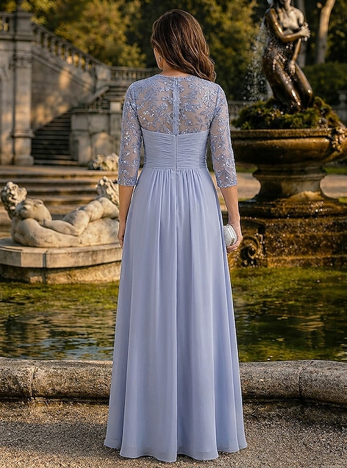 A-Line Floor Length Lace Dress Mother of the Bride Dress 3/4 Length Sleeve Sweetheart Elegant Simple Sparkle & Shine Wedding Guest Wedding Party Semi Formal Chiffon Lace with Ruched Beading Sequin 2026 - A-Line Floor Length Lace Dress Mother of the Bride Dress 3/4 Length Sleeve Sweetheart Elegant Simple Sparkle & Shine Wedding Guest Wedding Party Semi Formal Chiffon Lace with Ruched Beading Sequin 2026 -