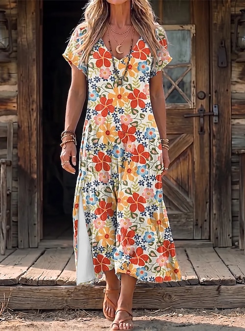 Women s Midi Dress Shift Dress Casual Regular Fit Floral Geometric Short Sleeve V Neck Pink Orange Summer Spring Women s Midi Dress Shift Dress Casual Regular Fit Floral Geometric Short Sleeve V Neck Pink Orange Summer Spring