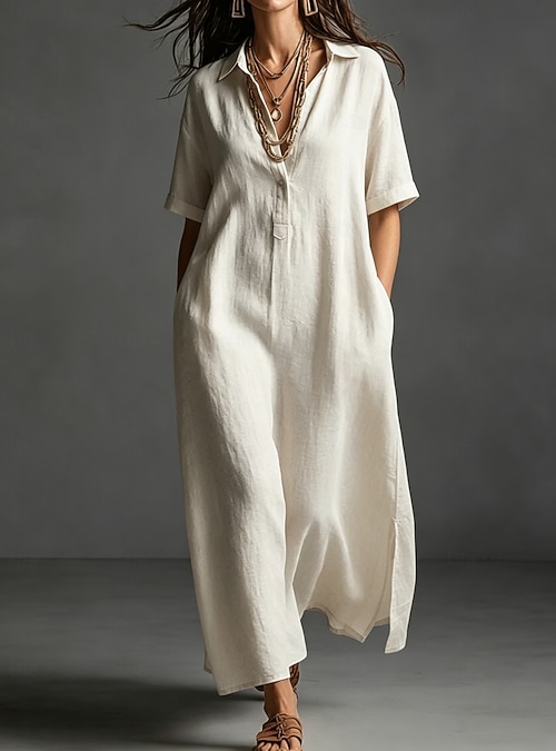 Women's Maxi long Dress Linen Dresses Elegant Vacation Loose Fit Plain  Short Sleeve Shirt Collar Summer 2026 - kr.389