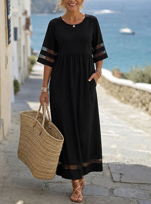 boho beach party dress Women's Maxi Sundress Casual Dress Vacation Casual Date Regular Fit Plain Half Sleeve Crew Neck Black Red Green Summer Spring 2026 Style:6-Drawer Tall Dresser Machine wash cold Category_Resort Wear Buy Navy Pin Stripe