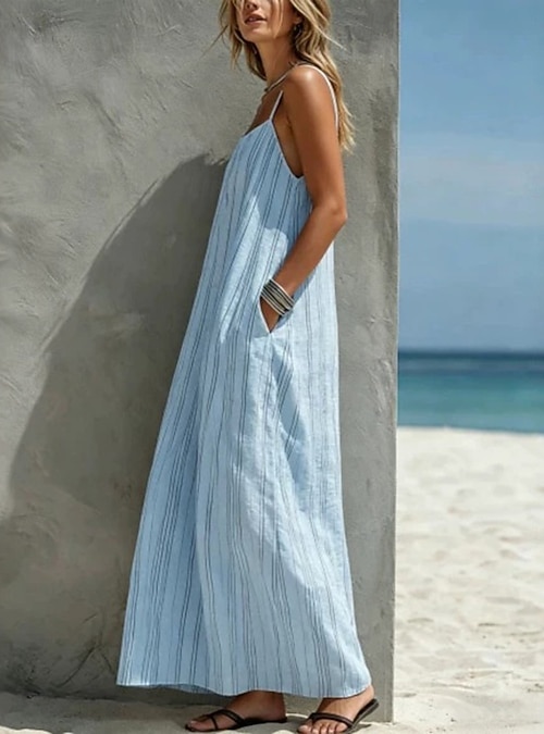 Women's Maxi Dress Boho Dress Vintage Vacation Loose Fit Striped Sleeveless Square Neck Light Blue White Yellow Summer 2026 - AU $42.09 Women's Maxi Dress Boho Dress Vintage Vacation Loose Fit Striped Sleeveless Square Neck Light Blue White Yellow Summer 2026 - AU $42.09