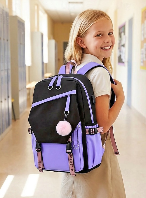 backpack usb travel girl Student Girls Backpack for School, Large Capacity Multi Pocket Bookbag,  Polyester Laptop School Bag with USB Port, Cute Pink Black Travel Backpack  for Teen Girls, Middle School, Daily Use 2026