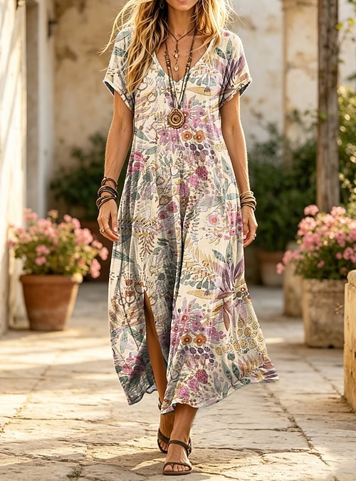 loose fitting shift dresses Women's Midi Dress Shift Dress Casual Loose Fit Graphic Geometric Short  Sleeve V Neck Blue Green Beige Summer Spring 2026