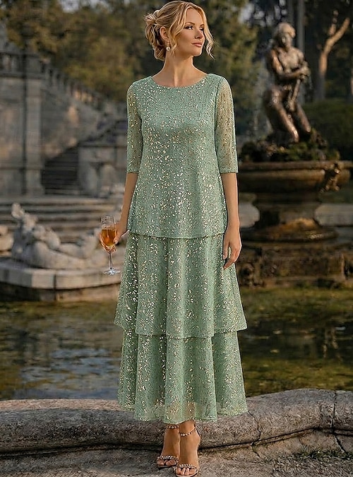 A-Line Dress Ankle Length Tea Length Cocktail Dress Mother of the Bride  Dress Half Sleeve Scoop Neck Elegant Vintage Simple Formal Wedding Guest  Family Gathering Foiled Lace with Pleats Ruffles Print 2026 -