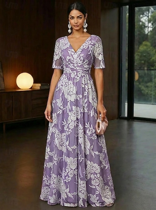 A-Line Dress Floor Length Maxi Dress Party Dress Cocktail Dress Mother of  the Bride Dress Half Sleeve V Neck Elegant Vintage Luxurious Formal Wedding  Guest Kentucky Derby Chiffon Lace with 3D Flowers