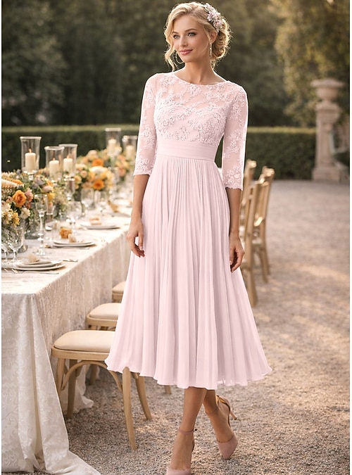engagement party dress for mother of groom A-Line Ankle Length Party Dress Cocktail Dress Wedding Guest Dress Mother  of the Bride Dress 3/4 Length Sleeve Crew Neck Elegant Wedding Guest Engagement  Party Chiffon with Pleats Appliques 2026