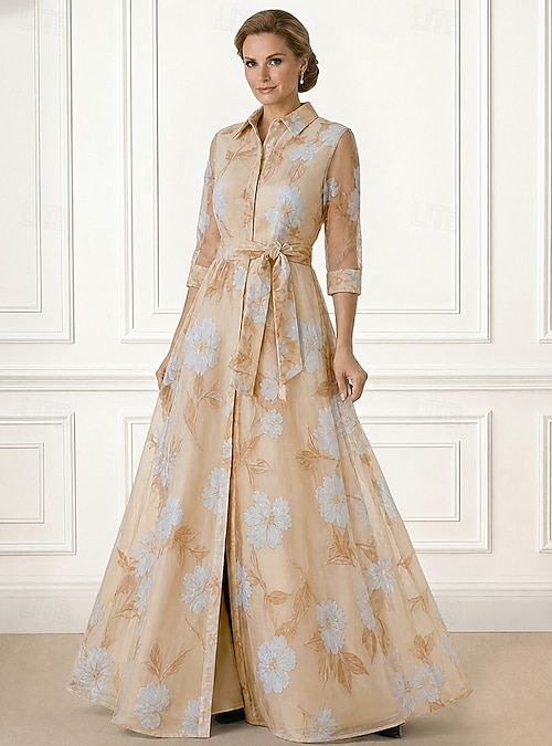 shirt dress formal gown A-Line Floor Length Wedding Guest Dress Dresses Mother of the Bride Dress 3/4 Length Sleeve Shirt Collar Elegant Simple Formal Organza Jacquard with Bow(s) 2026 occasion:Cold Weather Essentials