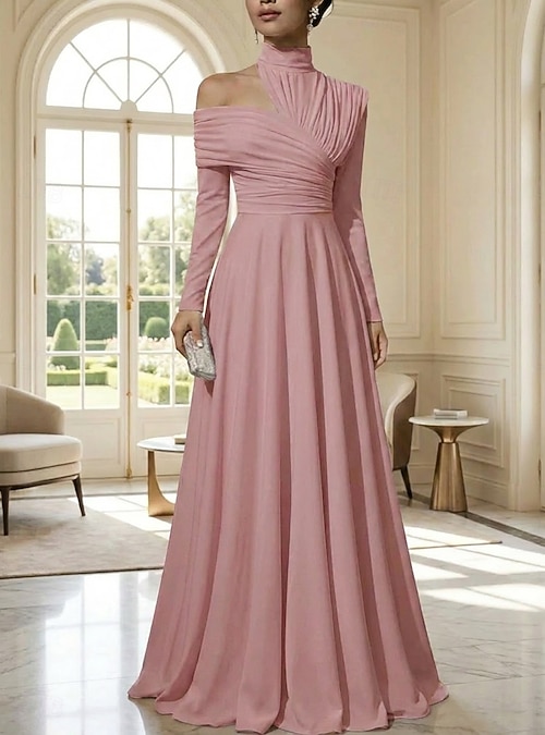 A-Line Floor Length Evening Gown Elegant Empire Waist Evening Long Sleeve High Neck Evening Party Wedding Stretch Satin with Pleats Solid Color 2026 - kr.1479 A-Line Floor Length Evening Gown Elegant Empire Waist Evening Long Sleeve High Neck Evening Party Wedding Stretch Satin with Pleats Solid Color 2026 - kr.1479