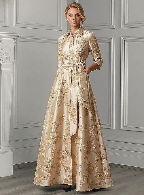 A-Line Floor Length Shirt Dress Formal Dresses Evening Gown Mother of the  Bride Dress 3/4 Length Sleeve Shirt Collar Elegant Minimalist Formal  Wedding Guest Semi Formal Jacquard with Sash / Ribbon 2026 - 197.99