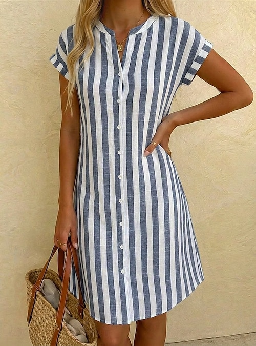striped knee length dress Women's Shirt Dress Casual Dress Dress Elegant Fashion Daily Vacation Regular Fit Striped Short Sleeve Mandarin Collar Red Navy Blue Gray Light Blue Summer Spring 2026 Puff sleeve