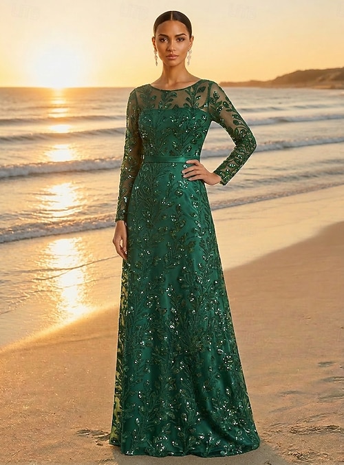 long sleeve formal evening party dress product info and reviews A-Line Dress Floor Length Party Dress Cocktail Dress Mother of the Bride Dress  Long Sleeve Bateau Neck Elegant Vintage Luxurious Formal Wedding Guest Formal  Evening Satin Tulle with Sequin Flower 2026 -