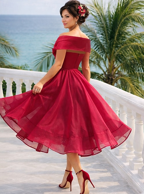 A-Line Tea Length Cocktail Dresses Party Dresses Vintage 1950s Sleeveless  Off Shoulder Wedding Guest Tulle with Pleats 2026 - $149.99