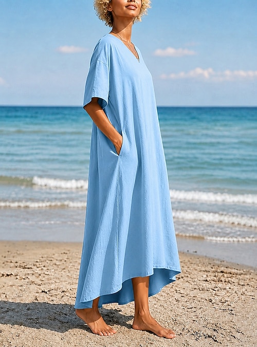 Boho V-Neck Cotton Linen Solid Color Loose Fit High-Low Hem Beach Cover Up  Maxi Dress 2026 - CAD $50.99