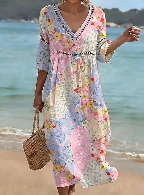 Women's Midi Dress Shift Dress Sundress Summer Dress Vacation Party Casual  Daily Beach Party Loose Fit Floral Graphic 3/4 Length Sleeve V Neck Blue  Light Green Pink Rose Pink Summer Spring 2026 - $37.99