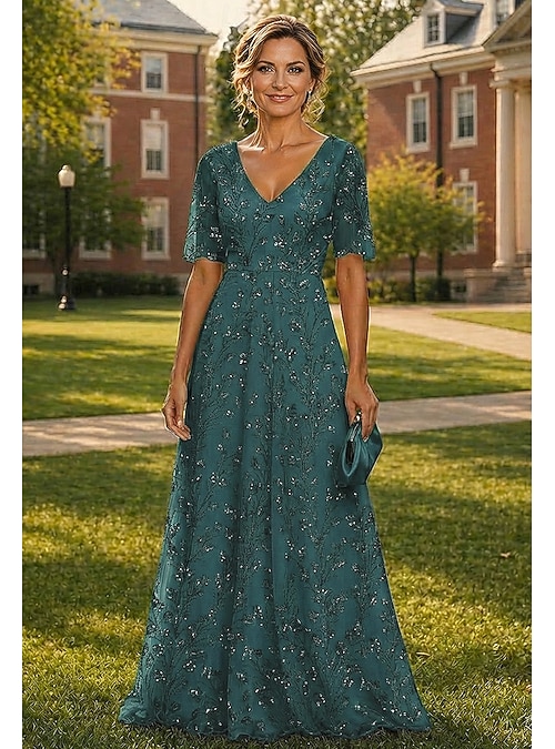 A-Line Dress Floor Length Maxi Dress Mother of the Bride Dress Short Sleeve  V Neck Elegant Luxurious Sparkle & Shine Formal Wedding Guest Semi Formal  Lace with Beading Sequin 2026 - $194.99