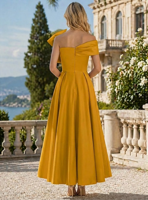 A-Line Ankle Length Cocktail Dresses Party Dresses Elegant Silky Short  Sleeve One Shoulder Wedding Formal Pink Dress Satin with Bow(s) 2026 -  $149.99