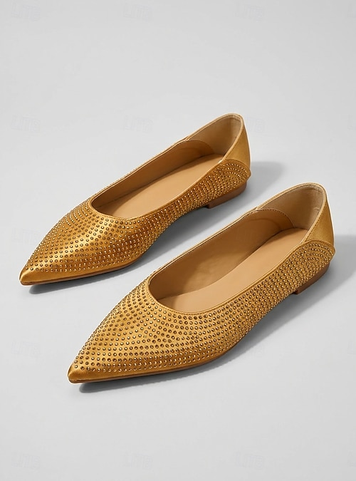 gold satin dress shoes Women's Gold Satin Flats - Rhinestone Pointed Toe Ballet Shoes for Daily  Office Wear & Casual Dress Pumps 2026