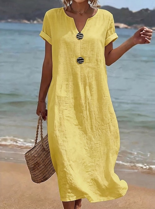 plain beach dress LZJN Women's Elegant Long Sleeve Maxi Dress Cotton Linen Casual Loose Soft Beach  Dress with Pockets (US, Alpha, Medium, Regular, Regular, White) at Amazon  Women's Clothing store