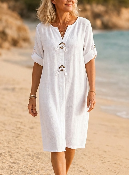white linen dress knee length Women's Sundress Elegant Vacation Fashion Outdoor Beach Vacation Loose Fit Plain Short Sleeve V Neck Blue Red Grey Spring 2026 MDW26