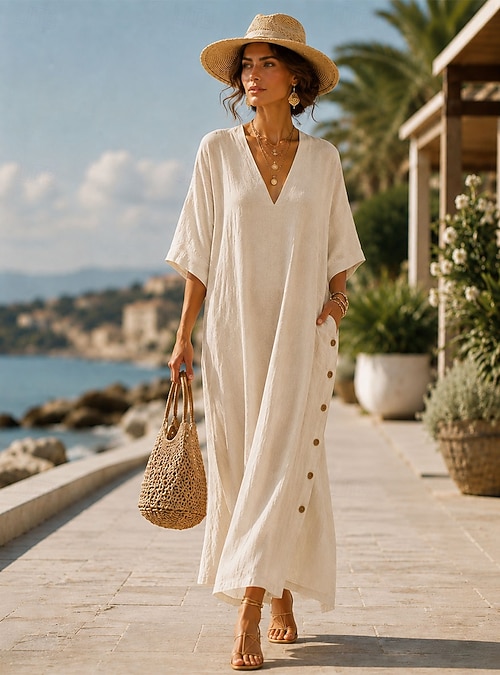 womens holiday shift dress Tianiyouqing Womens Linen Casual Cotton Dresses Flowy Zip Up Lightweight Hiking Long Dresses Sleeveless V Neck Summer Holiday Shift Dresses Hot Pink M