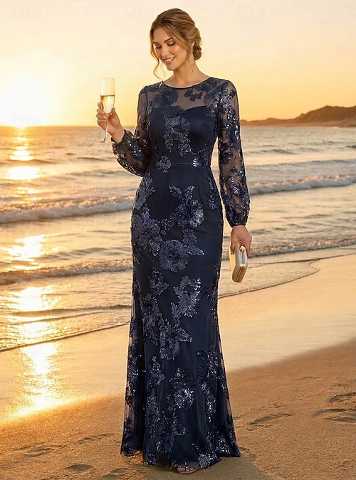 maxi dresses for beach wedding mother of the bride Sheath Column Floor Length Dress Long Sleeve Crew Neck Illusion Neck Elegant Vintage Luxurious Garden Wedding Formal Tulle Spandex Satin Chiffon with Embroidery 2026 Plus size Color:Nude Silver Halter Neck Jenny Packham Duck Egg friendly laundry detergent