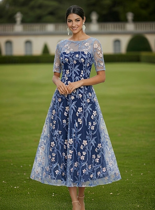 boat neck semi formal dress A-Line Tea Length Lace Dress Cocktail Dress Mother of the Bride Dress Short Sleeve Half Sleeve Elegant Vintage Luxurious Wedding Guest Lace with Embroidery Flower 2026 dusty sage flower girl dress