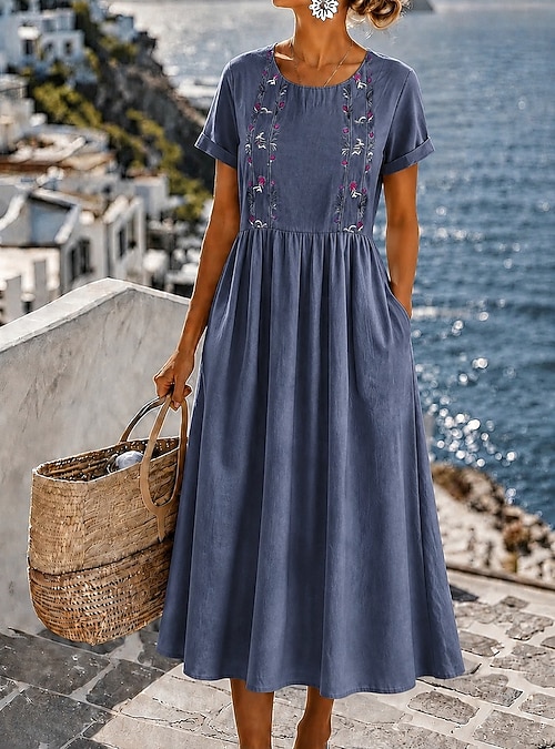 sundress winter dress Women's Midi A Line Dress Fit And Flare Dress Vacation Party Birthday Outdoor Beach Party Regular Fit Floral Short Sleeve Crewneck Blue Black Yellow Summer Spring Fall 2026 bestie or wife attr:black LITTLE BLACK DRESS | Size.:L