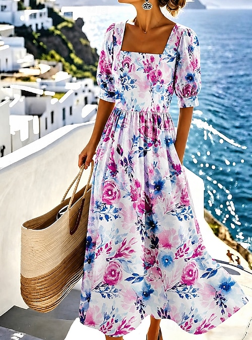 beautiful casual maxi dresses Open-Back Pleated Pink Floral Casual Summer Maxi Dress Blush Pink Floral / Large