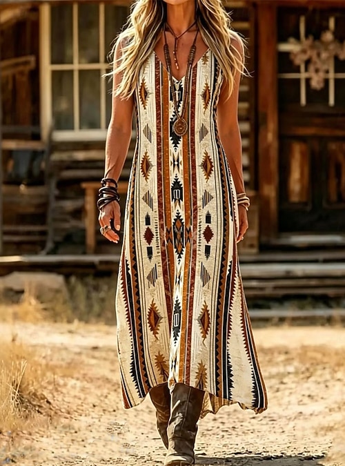 light brown summer dress Women's Maxi Dress Sundress Summer Dress Vacation Casual Boho Daily Holiday  Going out Loose Fit Floral Sleeveless V Neck Dark Brown Light Brown Camel  Summer Spring 2026