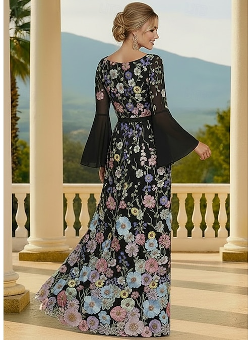 A-Line Floor Length Evening Gown Formal Dress Elegant Floral Long Sleeve Boat Neck Garden Party Wedding Chiffon Lace with 3D Flowers Embroidery Appliques 2026