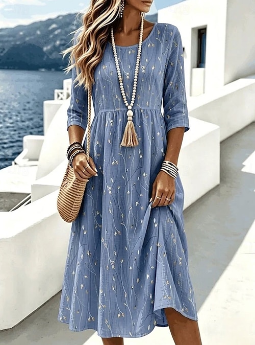 3 4 length sleeve casual dresses Womens Summer Cotton Linen A-line Dress Casual 3/4 Sleeve Knee-Length Ruched Dresses V-Neck Modest Dress for Women(Blue, S) at Amazon Women's Clothing store