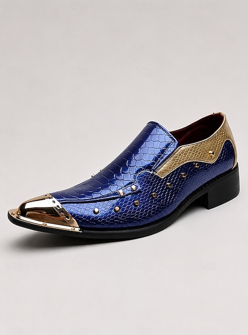 blue and gold mens dress shoes Men's Statement - Croc-Embossed Pointed-Toe Formal Footwear - Fashion Gentleman Shoes for Parties, Banquets, Weddings Evening Events 2026 ivorycreamy