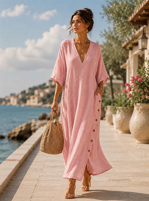 beige maxi dress casual Women's Maxi Dress Shift Dress Casual Beach Holiday Loose Fit Plain Half  Sleeve V Neck Blue Pink Beige Summer Spring 2026