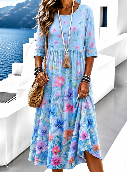 casual summer dresses with 3/4 sleeves Meichang Womens Summer Dresses 3/4 Sleeve V Neck Loose Fit Midi Dress Casual  Solid Lightweight Beach Dress A-Line Swing Vacation Dresses