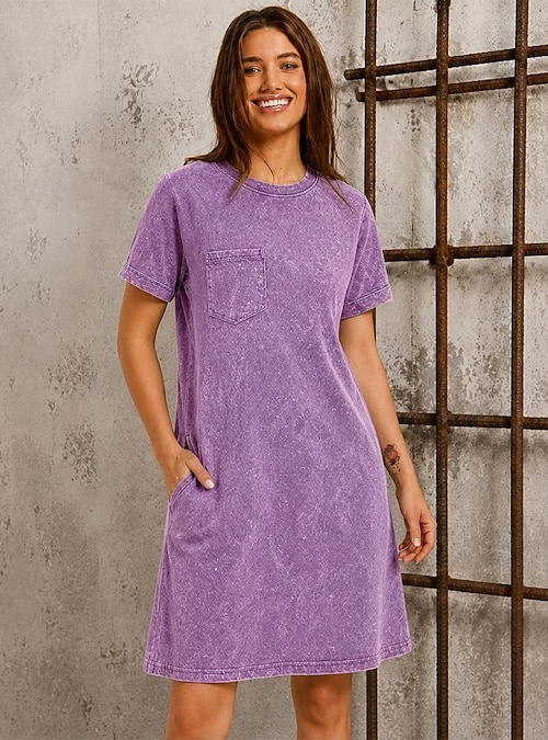 knee length cotton t shirt dress Women's 100% Washed Dress Regular Fit Plain Short Sleeve Crew Neck Dress 2026 knit crew neck short Color:Satin Steel Blue Style: 12153 Womens dresses NARIN IVORY CORSET SLIP