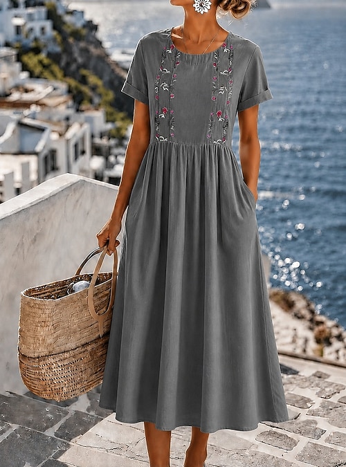 casual fit and flare midi dress for women Vbvc Women's Floral Print Sleeveless Fit and Flare Midi Dress , Ladies' Crew Neck Casual Summer Dress , Beach Vacation Flowy Sundress For Women,Blue,S