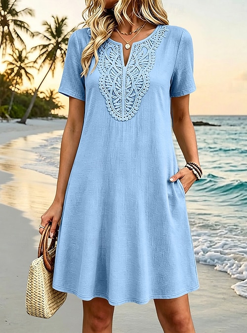 summer dress knee length short sleeve Women's Lace Dress Casual Dress Dress Elegant Fashion Beach Vacation Weekend Regular Fit Plain V Neck Light Green Purple Rose Red Beige Summer Spring 2026 jump_transfer_2025