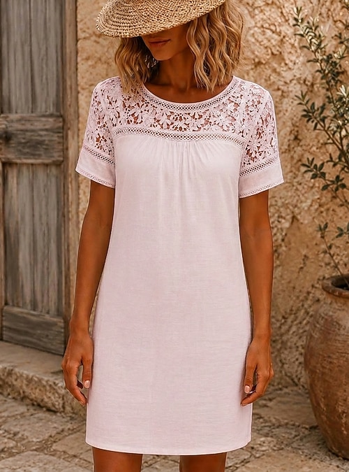 Women's Knee Length Dress Lace Dress White Dress Casual Dress Summer Dress Elegant Fashion Beach Vacation Holiday Regular Fit Plain Short Sleeve Crew Neck White Pink Summer Spring 2026