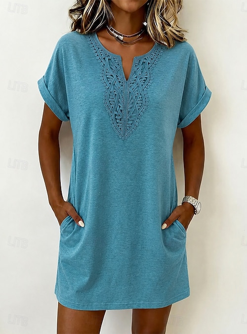 Women's Knee Length Dress Lace Dress Casual Dress Summer Dress Elegant Fashion Beach Vacation Weekend Regular Fit Plain Short Sleeve V Neck Blue Black Wine Navy Blue Summer Spring 2026