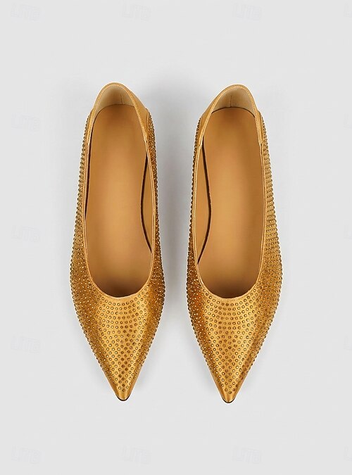 gold satin dress shoes Women's Gold Satin Flats - Rhinestone Pointed Toe Ballet Shoes for Daily  Office Wear & Casual Dress Pumps 2026