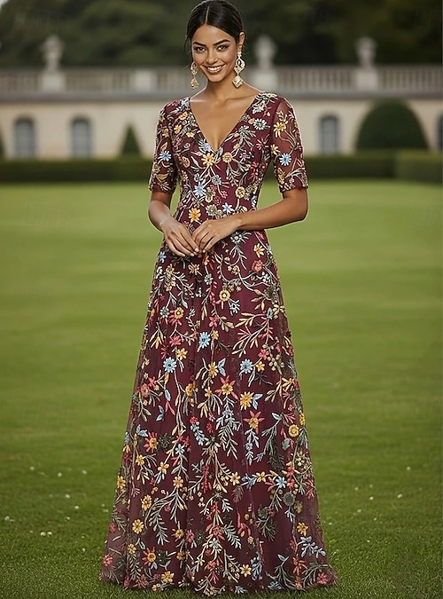 a line dress nz A-Line Floor Length Party Dress Cocktail Dress Mother of the Bride Dress Half Sleeve Plunging Neck Elegant Vintage Luxurious Formal Wedding Guest Kentucky Derby Tulle with Floral Print 2026 Structured Icon Color:Mocha Mousse Bring easy Black Petite Sequin Shoulder