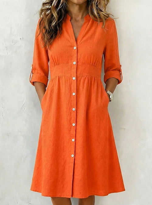 classic dress office cotton Women's Knee Length Dress Cotton Linen Dresses Shirt Dress Elegant Vacation Classic Daily Office Vacation Regular Fit Plain Long Sleeve V Neck Red Navy Blue Orange Summer Spring 2026