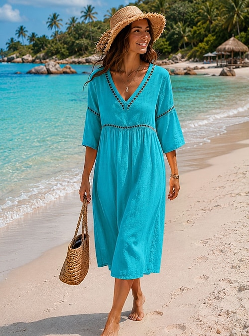 shift dresses for summer Dress Women V Neck Short Sleeves Solid Color Casual Flowy Su Clothing Store Short cut for a youthful and energetic style. Linen Modern Shift Dress