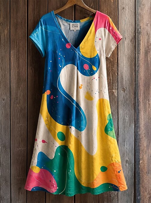 womens knee length t shirt dress Women's Shift Dress Dress Tee Dress Summer Dress Elegant Bohemia Vacation Beach Party Holiday Regular Fit Floral Graphic Star Short Sleeve V Neck Blue White Yellow Red csv: Evan